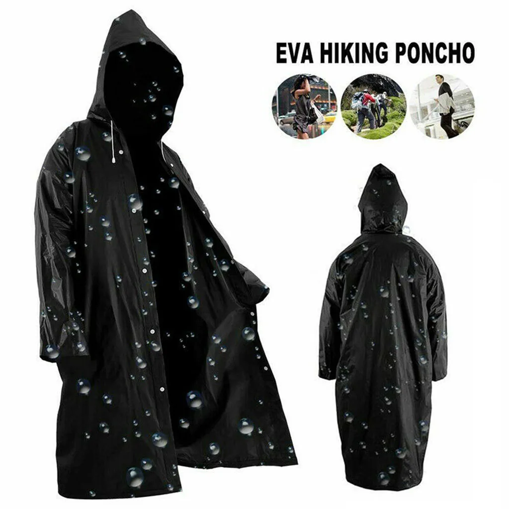 Women Men Fashion Solid Black Rain Poncho Long-Sleeved Hooded Raincoat Waterproof Packable Rain Jacket with Drawstrings