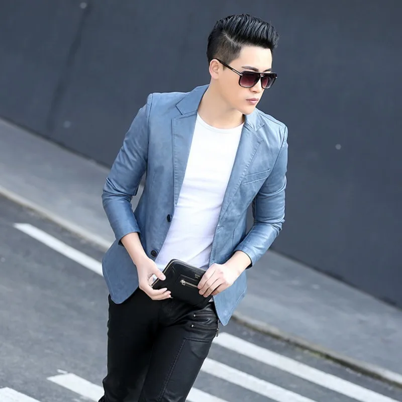 

Spring Autumn Mens PU Leather Jackets Fashion Lapel Man Jacket Blue Black Business Formal Office Coat Men Faux Leather Outwear