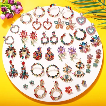 

Girlgo All Multicolored Crystal Drop Earrings For Women Bright Rhinestone Heart Circle Hanging Earrings Charm Eye Flower Brincos