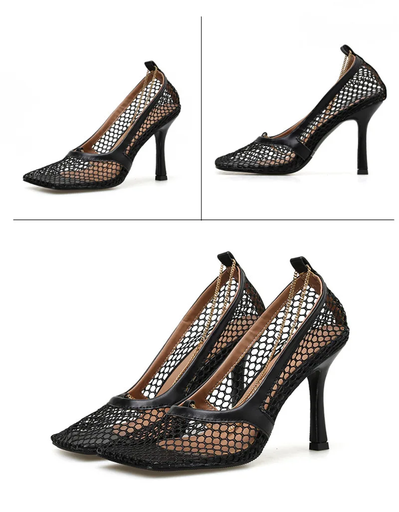 Summer New Mesh Hollow Women Pumps Square Toe Metal Chain Stiletto Heel Shoes Woman Sexy Slip On Ladies High Heels Shoes Sandals (7)