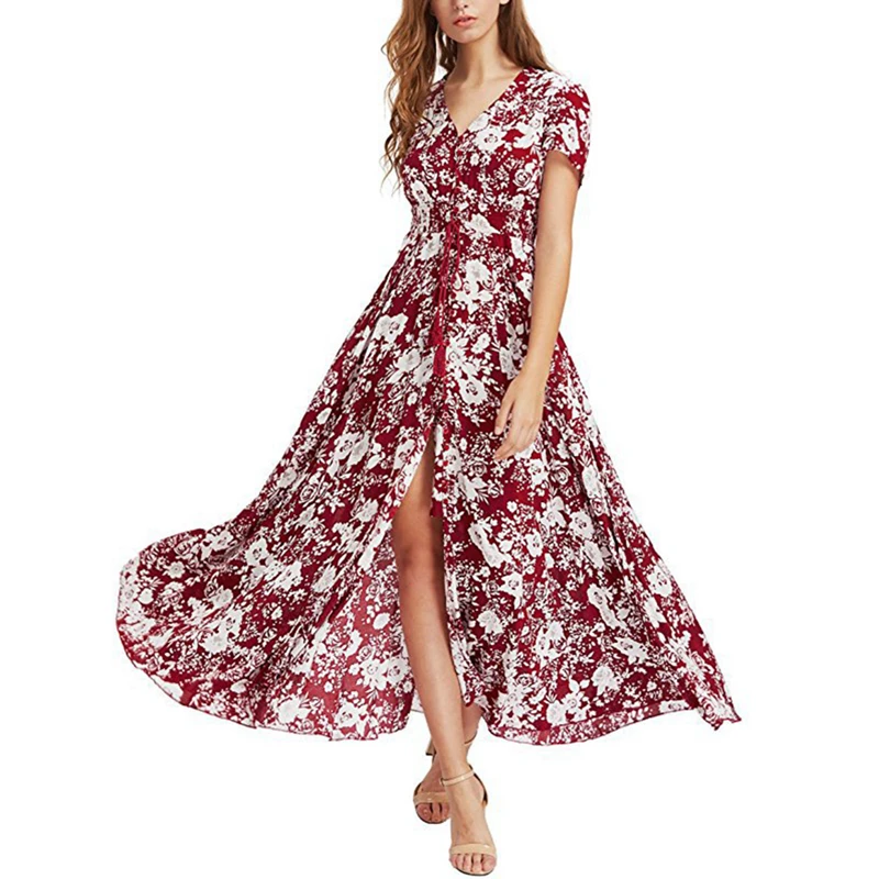 

2018 Hotsale Long Summer Beach Dress Women Sexy Deep V Floral Chiffon Maxi Dress Front Split Dresses Robe Ete