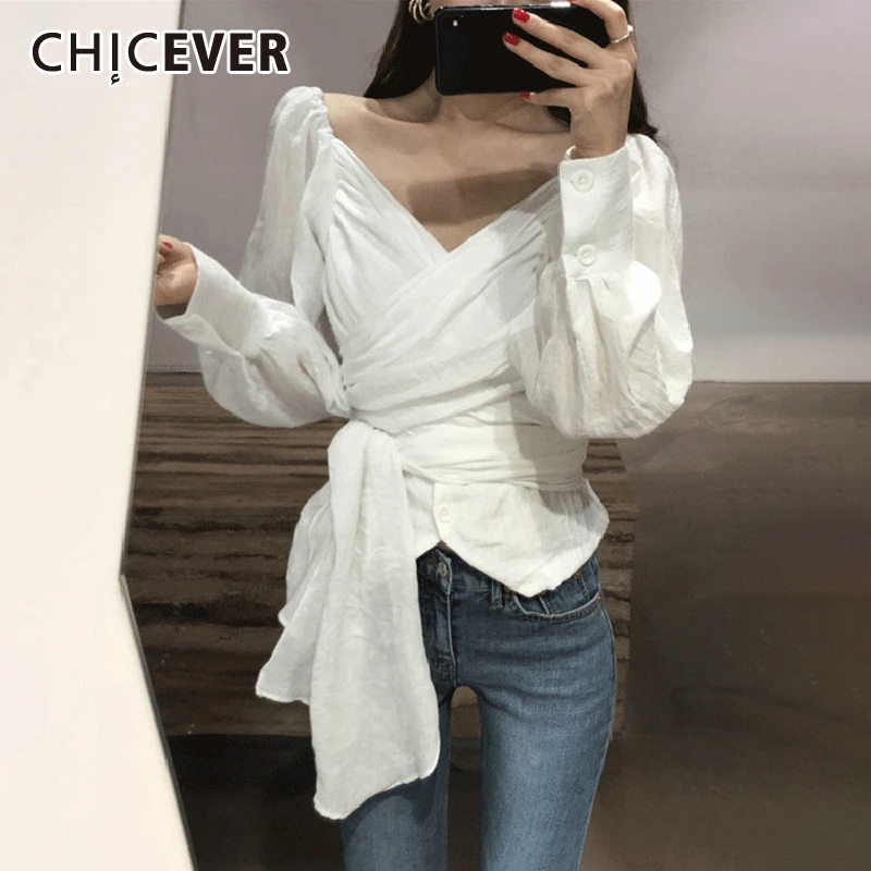 

CHICEVER Autumn Womens Tops And Blouses V Neck Long Lantern Sleeve Hem Bandages Irregular Shirt Female 2019 Fashion New Clothes