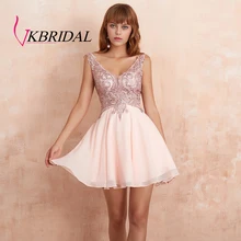 VKBRIDAL, сексуальные платья с открытой спиной для выпускного вечера, короткие,, v-образный вырез, шифон, кружево, бисер, жемчуг, розовые, вечерние платья для выпускного вечера