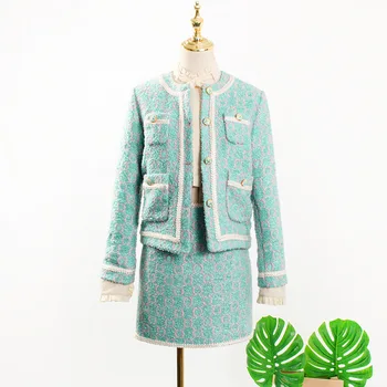 

2 piece set women 2020 Fashion 쿠이 수 엘리 Korean drama TV women two piece outfits Female Printed Woolen Coat Lady Shirt Mini skir