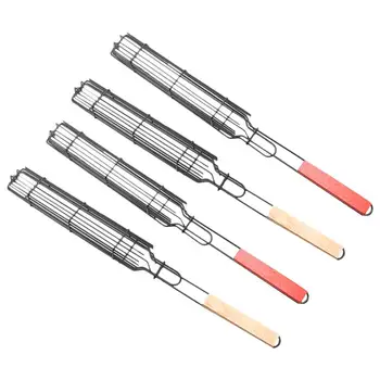 

4PCS Kabob Grilling Basket Barbecue Grilling Net Fish Sausage Meat Grill Tool Wood Handle Tool for Barbecue(Random Color)