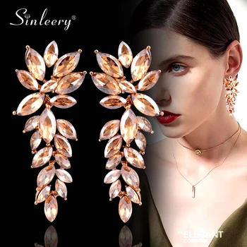 

SINLEERY Shining Cubic Zirconia Cluster Flower Long Chandelier Earrings Hanging Women Fashion Wedding Party Jewelry Es284 SSO