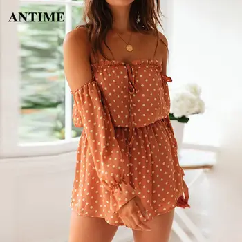 

Antime Polka Dot Casual Summer Playsuits Tunic Beach Long Sleeve Ladies Party Loose Women Off Shoulder Mini Playsuits