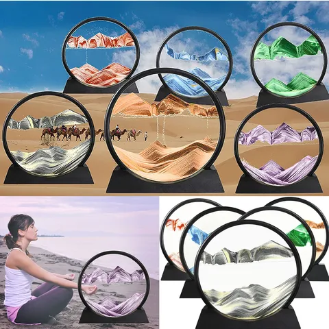7/12inch Moving Sand Art Picture Round Glass 3D Deep Sea Sand scape In Motion Display Flowing Sand Frame Quicksand Home Decor
