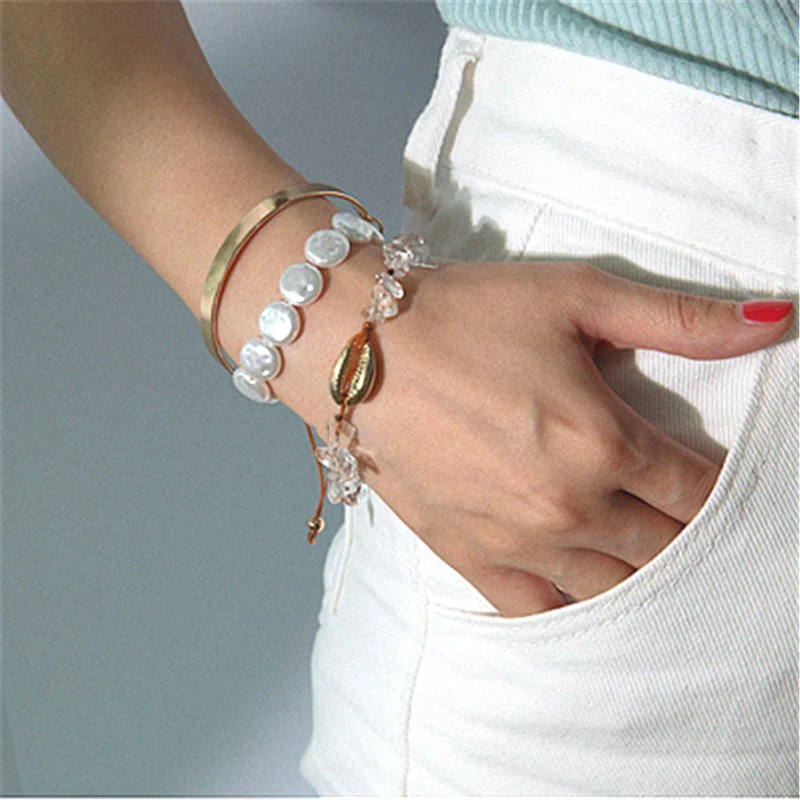 

Fashion Pearl Shell Stone Bracelet Set For Women Multi-layer Simple Trendy Bangles Gold Alloy Rope Jewelry Geometric Handmade