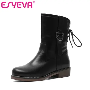 

ESVEVA 2020 Women Shoes Ankle Boots Round Toe Western Style PU Leather Lace Up Med Heel Motorcycle Platform Boot Size 34-43