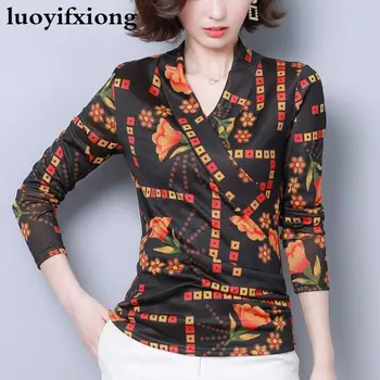 

Long Sleeve Print Cross V-neck Women Blouses Fashion Korean Kimono Women Shirts Plus Size Casual Ladies Tops Blusas Mujer
