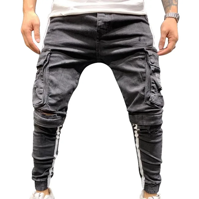 MJARTORIA джинсы в стиле хип-хоп, уличная одежда, мужские рваные потертые брюки, рваные тонкие байкерские джинсы стретч с дырками, мужские узкие джинсовые брюки - Цвет: Black