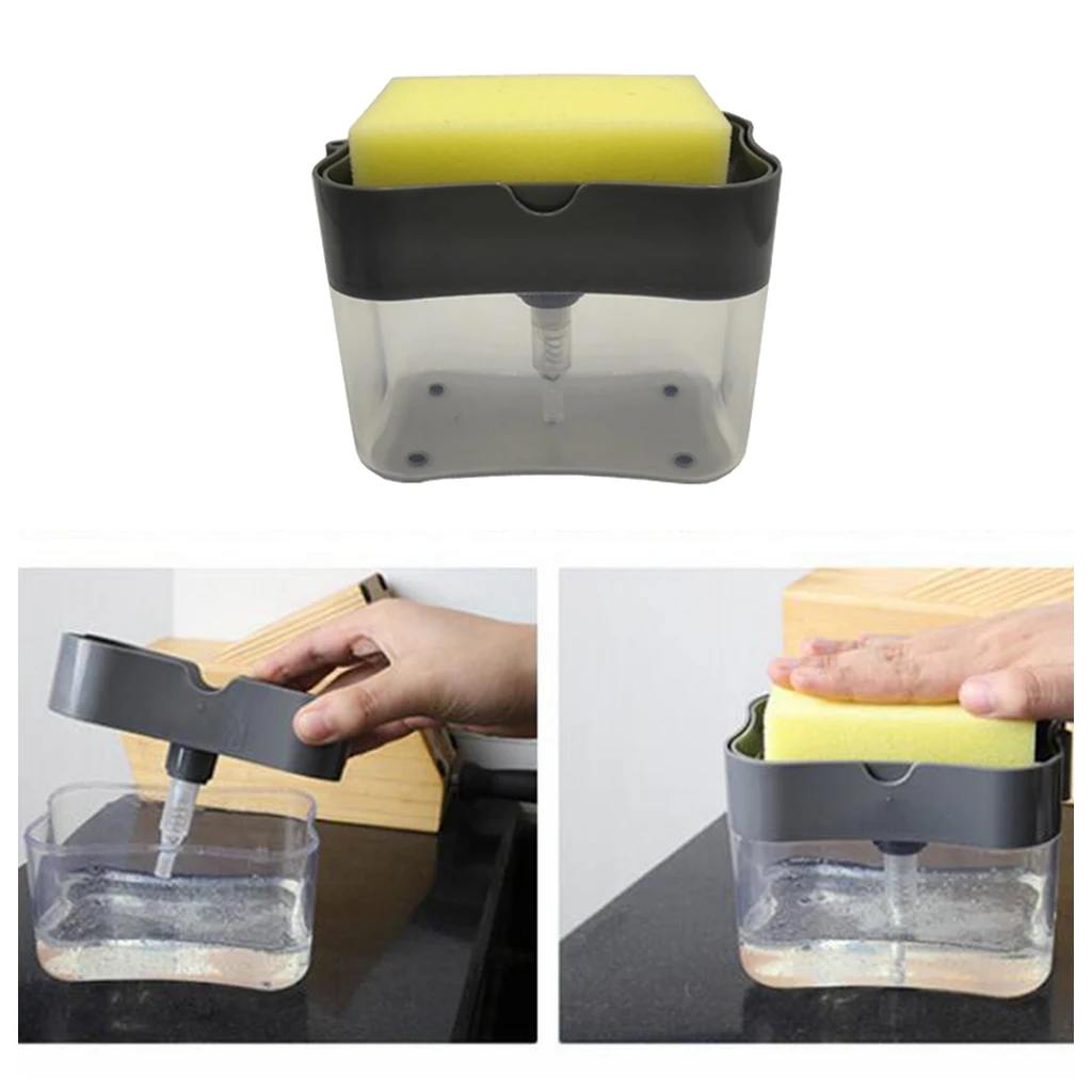 Dishwashing Soap Pump Dispenser And Sponge Holder, Precise Dispensing Handy Soap Box 13 Oz (Sponge Included)