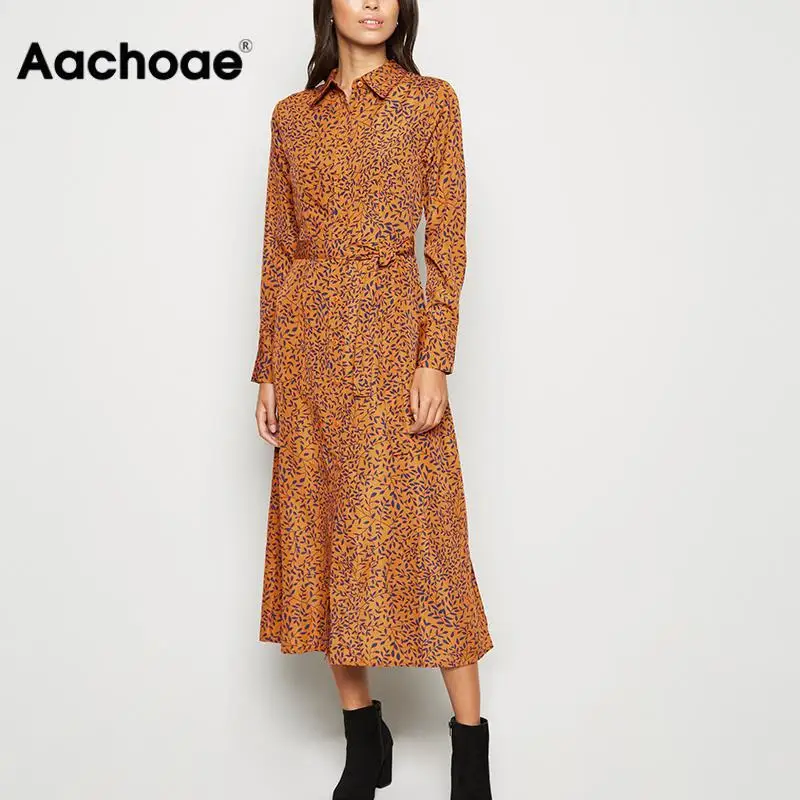 Платье рубашка Aachoae женское с длинным рукавом офисное платье принтом винтажное