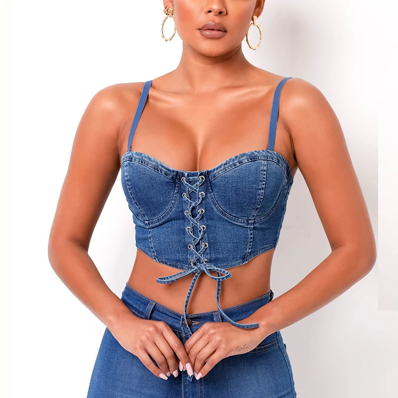Denim Corset Top Lace Up Cut Out 