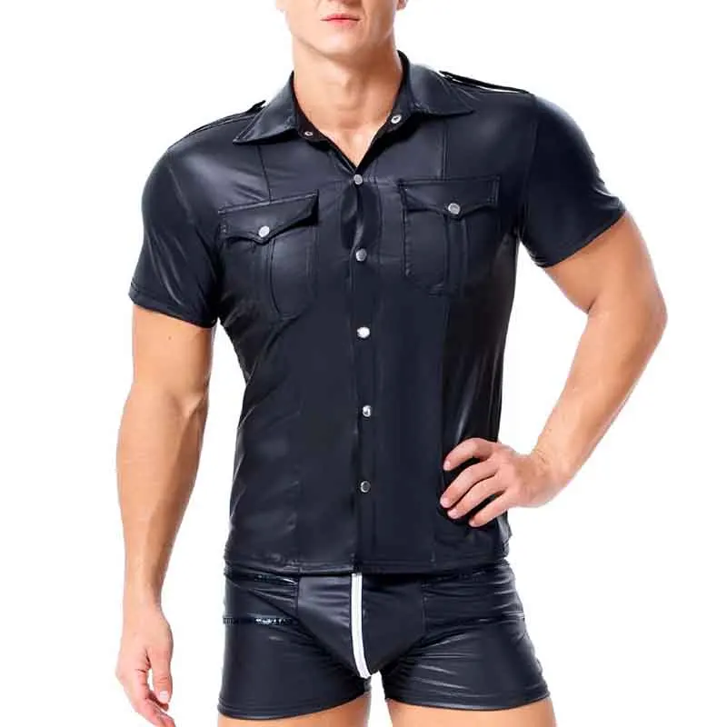 Men's Shirts PU Leather Short Sleeve Slim Fit Tshirts Male Dance Stage Clubwear T-shirt Men Gothic Streetwear Tops Tee Plus Size (6)