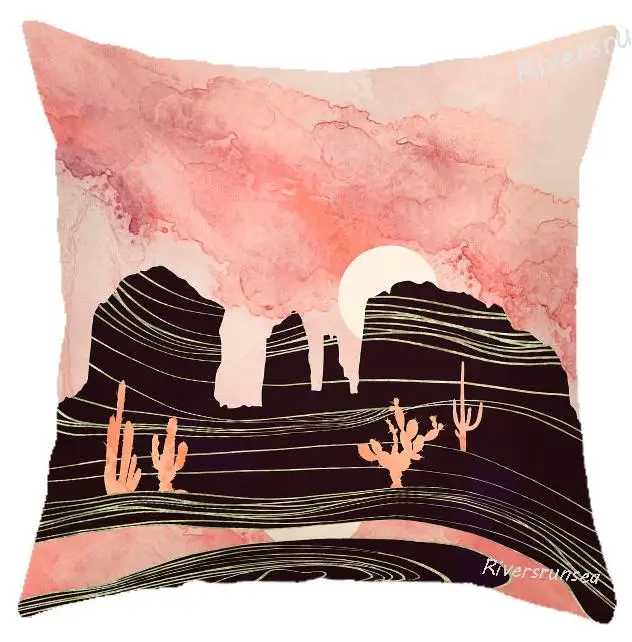Modern Style Simple Pink Pillow Watercolor House Crane Flower Printed Plush Cushion Geometric English Nordic Cushions For Chair - Цвет: A19