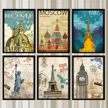 

World Famous City Paris New York Moscow Rome European and American-Style Sofa Background Wall Decorative Painting Living Room