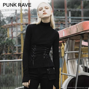 

PUNK RAVE Girl's Gothic High Collar Tight Bottoming Top T-Shirt Punk Waist Tie Rope Female Black Long Sleeve T-shirt