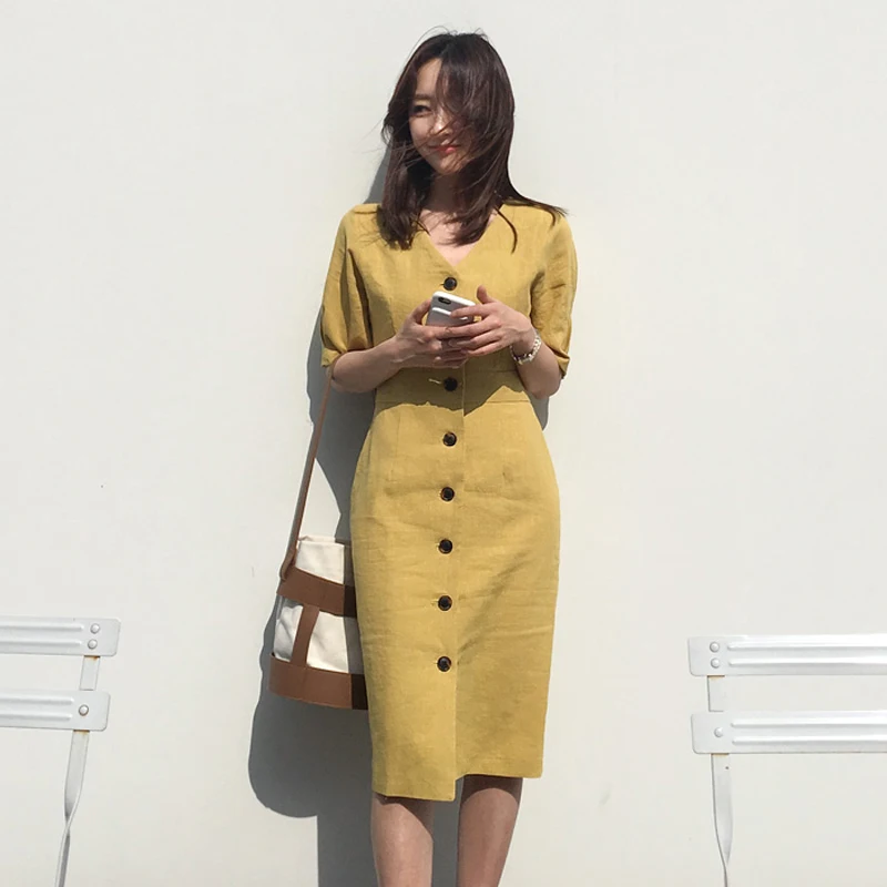Casual V-neck Front Button Women Dress Short-sleeve Slim Waist Female Midi Dresses 2019 Elegant Yellow Vestidos femme | Женская одежда