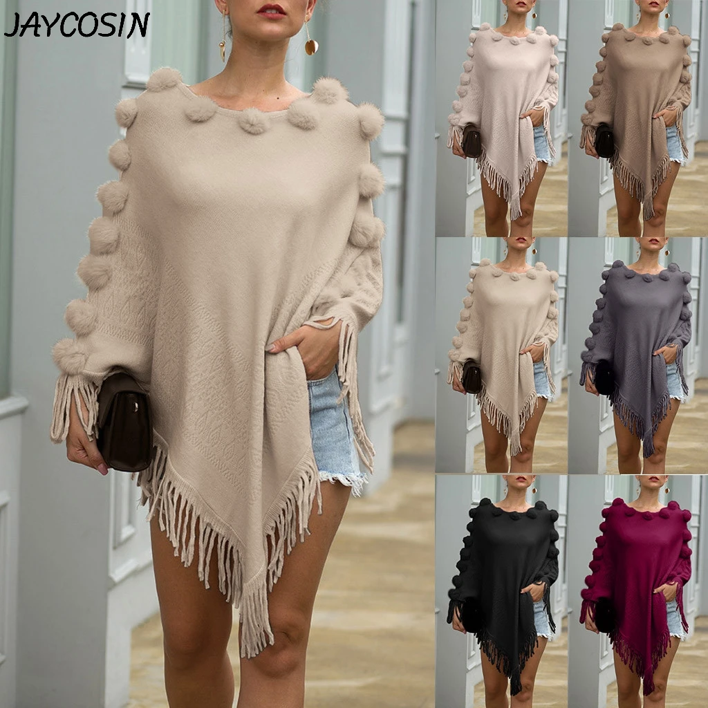 JAYCOSIN, женские свитера, однотонный Вязаный плащ с круглым вырезом и кисточками, шаль, свитер-кардиган с воротником, осенне-зимний свитер