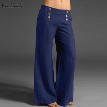

2020 ZANZEA Spring Trousers Fashion Women Wide Leg Pants Casual Elastic Wasit Button Long Pantalon Palazzo Oversized Turnip 5XL
