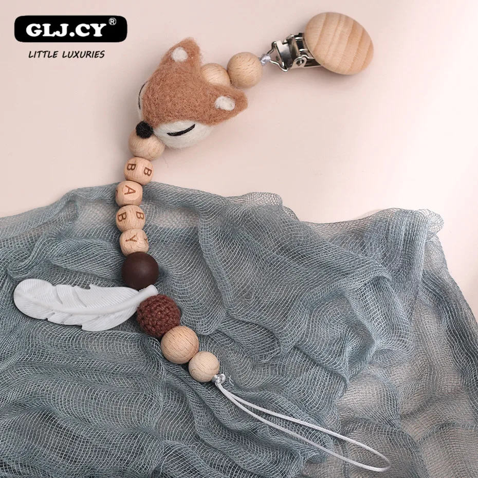 Chain Clips Fox-Chupetero-Holder Personalized-Name Bpa-Free Beech-Wood Feeding Funny