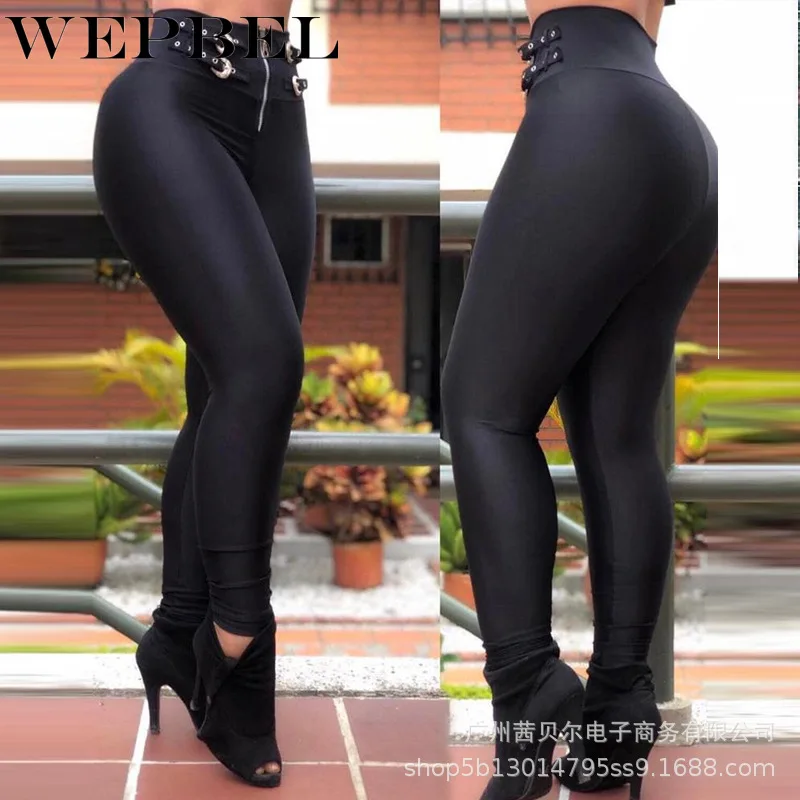 

WEPBEL Women's Sexy High Waist Buckle Pencil Pants Autumn Fashion Solid Color Skinny Ankle-Length Pants