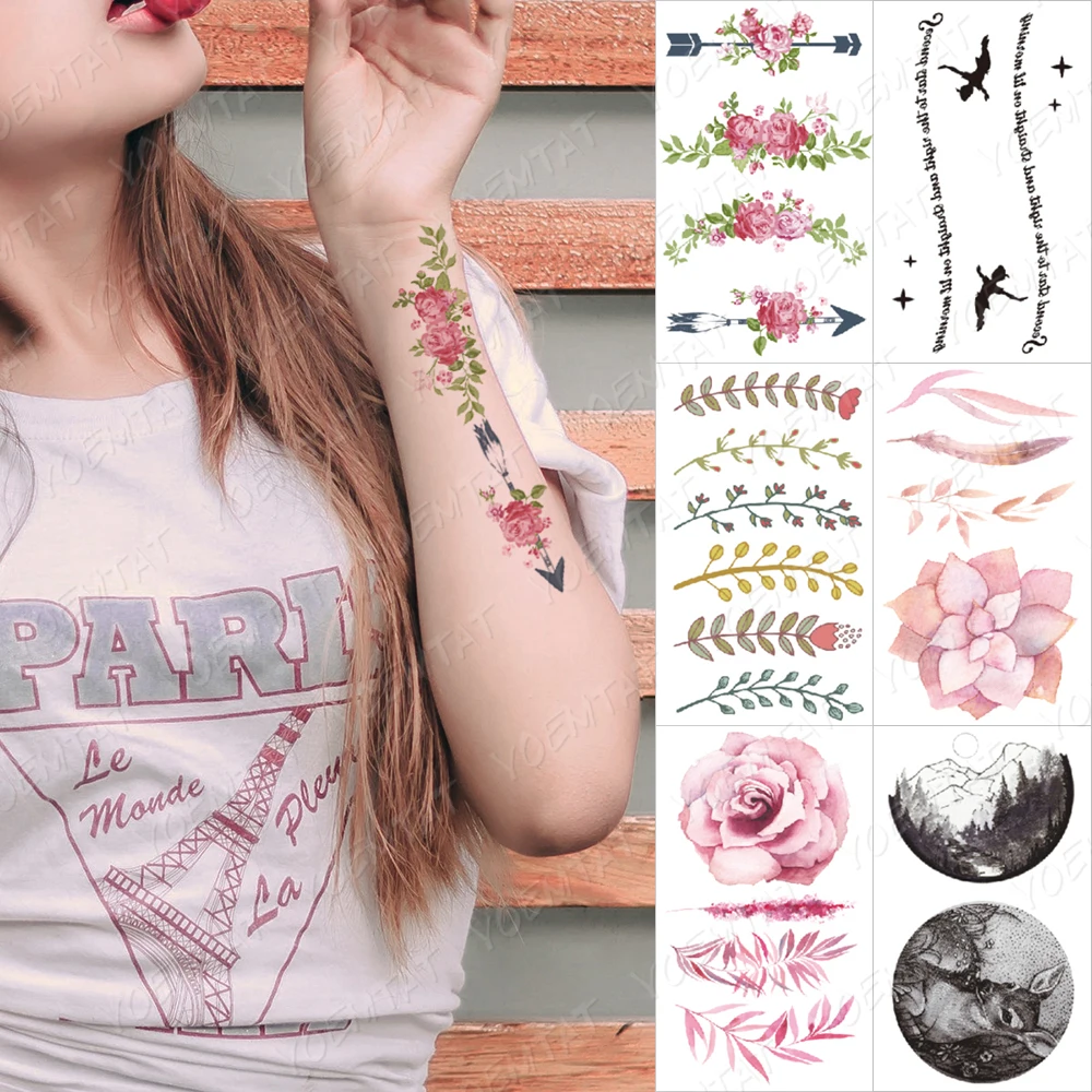 

Waterproof Temporary Tattoo Sticker Color Peony Rose Flower Arrow English Letter Line Flash Tatoo Body Art Child Kid Fake Tatto
