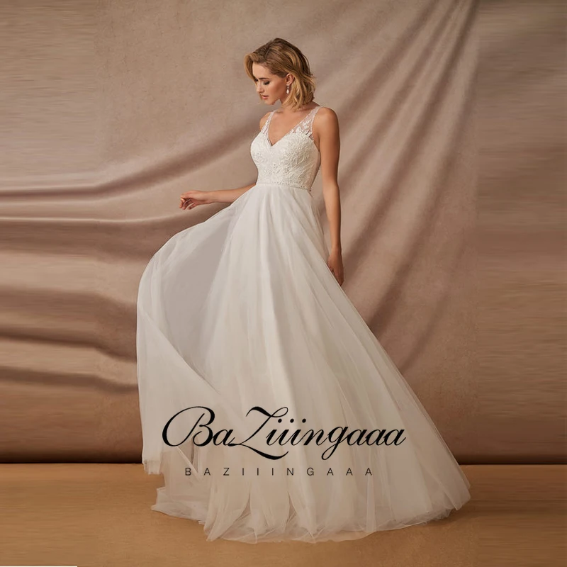 

BAZIIINGAAA Simple Fabric for Wedding Dress Silky Organza V-neck Sleeveless Bow Design Appliques Plus Size Bridal Wedding Dress