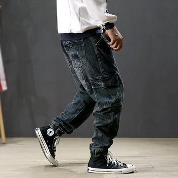 

Japanese Style Fashion Men Jeans High Quality Loose Spliced Ripped Harem Jeans Retro Vintage Designer Hip Hop Jogger Jeans Men