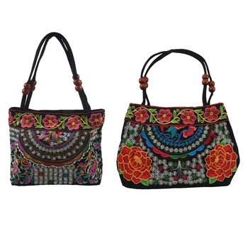 

2 Pcs Chinese Style Women Handbag Embroidery Ethnic Summer Fashion Handmade Flowers Ladies Tote Shoulder Bags Cross-Body (Red Do