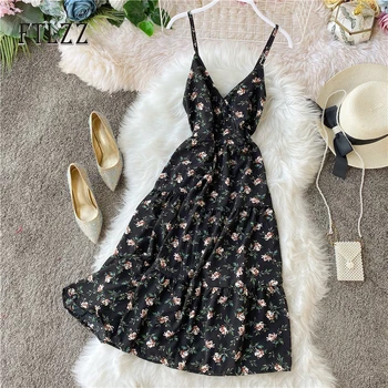 

Summer Beach Dress Women Slim Spaghetti Strap Sexy V-neck Midi Dresses Vestidos Mujer Ladies Vintage Floral Print Long Robe
