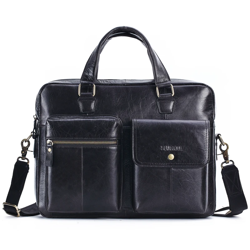 Мужской портфель из натуральной воловьей кожи, большая сумка для компьютера, сумка для работы, Офисная сумка, сумки для документов, 14 дюймов, для ноутбука, винтажная кожа - Цвет: Black Oil