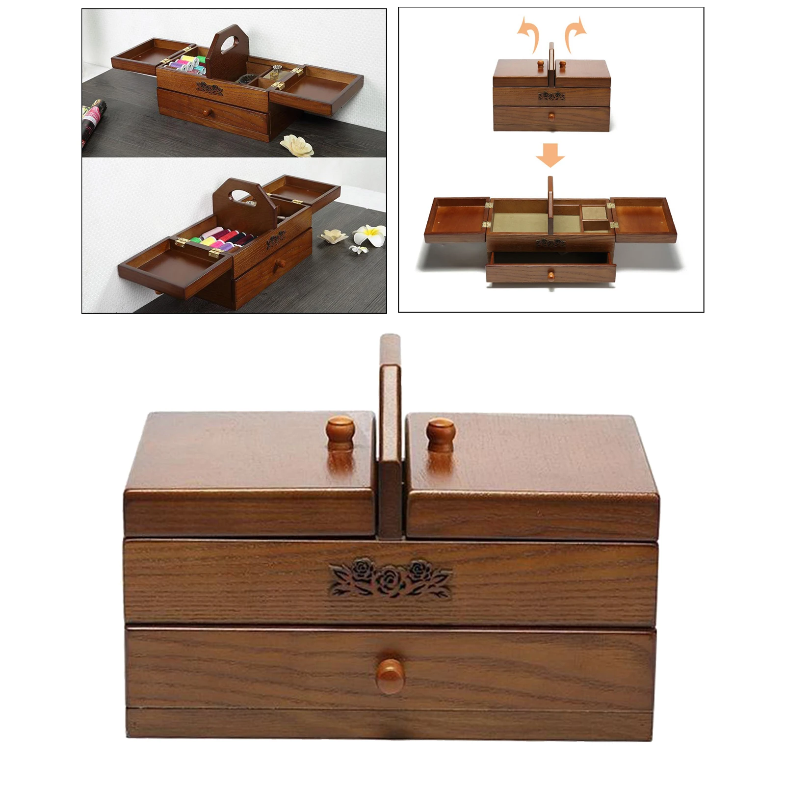 Sewing Basket Expandable Wooden Jewelry Keepsake Trinket Storage Box Organizer Holder Handmade Box for Women Sewing Accessories