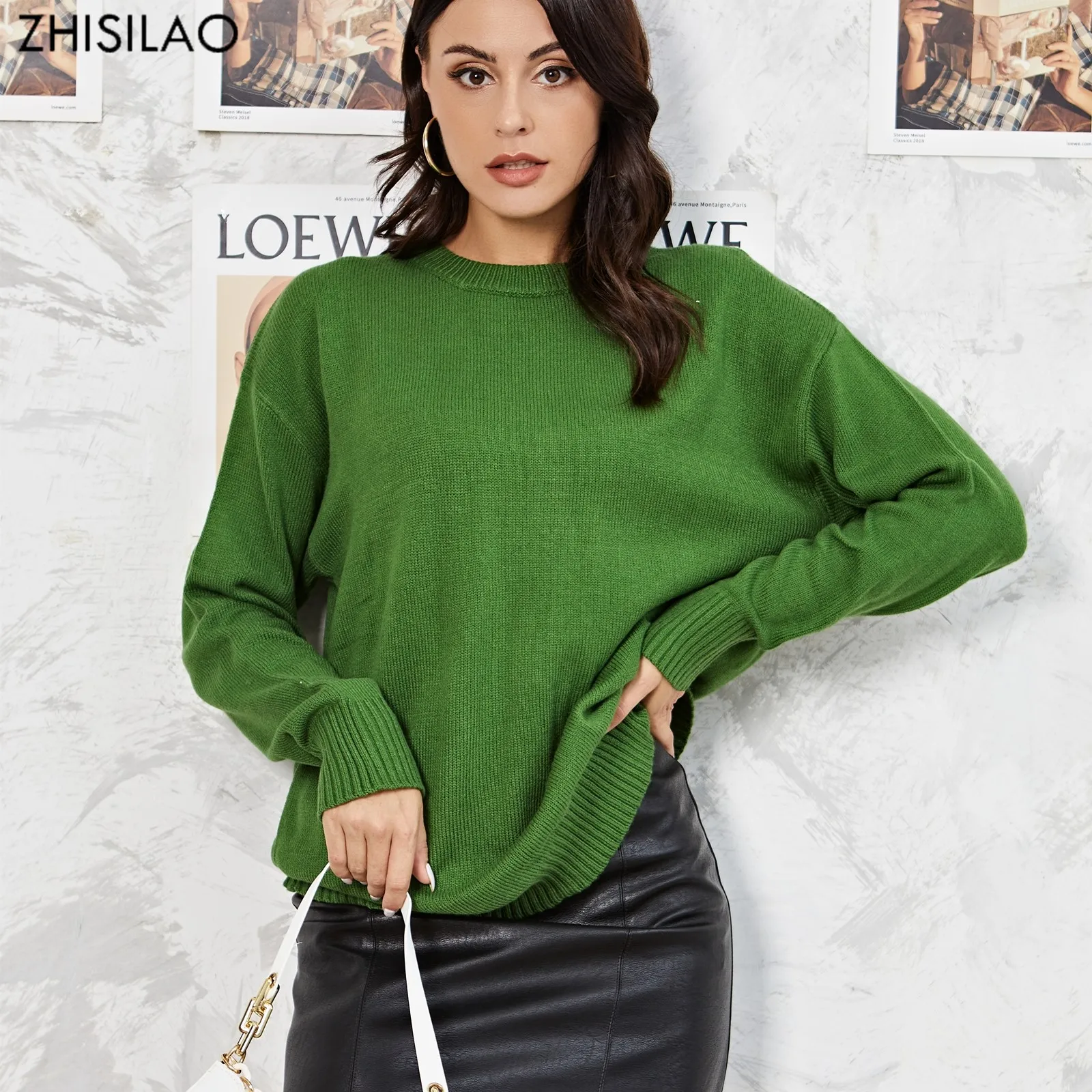 

Модный однотонный зеленый пуловер ZHISILAO на осень и зиму, свитер, женский теплый плотный Повседневный вязаный свитер с круглым вырезом, топы 2021 года