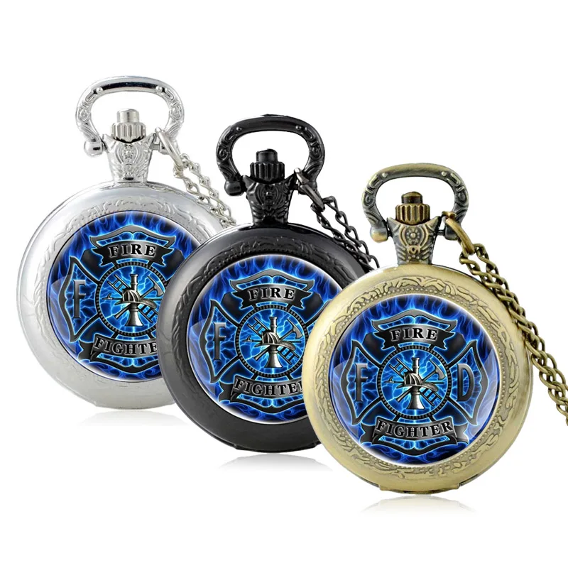 

Silver Color Classic Fire Rescue Glass Cabochon Quartz Pocket Watch Retro Men Women Pendant Necklace Chain Hours Clock Gifts