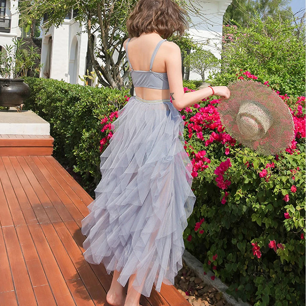 

Women Party Skirts Elegant A-line Mesh Female Tutu Long Tulle Skirts Casual Autumn Winter Ladies Elastic High Waist Skirts