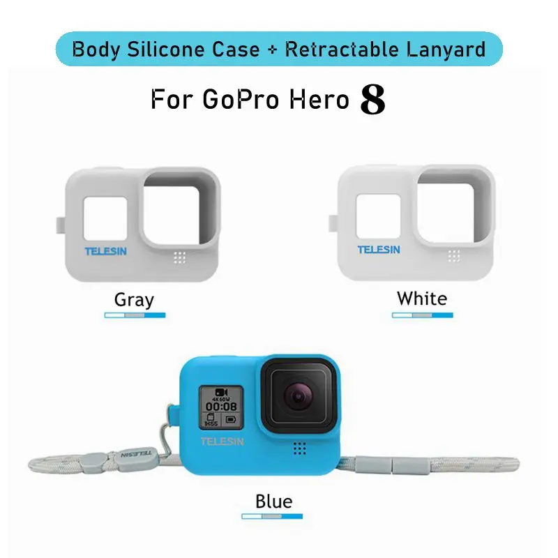 For GoPro 8 Body Silicone Protective Shell Case + 500mm Hand Strap Retractable Lanyard 2 In1 Hero Black Accessories | Электроника