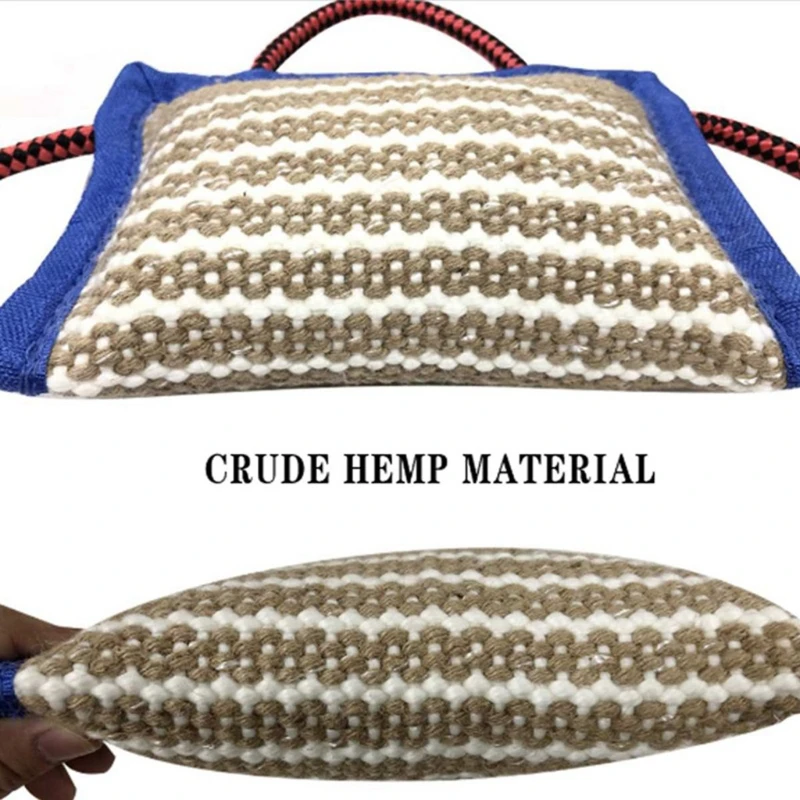 3 Handles Tough Jute Dog Bite Pillow Linen Dog Tug Toy Aggressive Chewers Biting Pad Interactive Pull Chew Toy for Medium Large