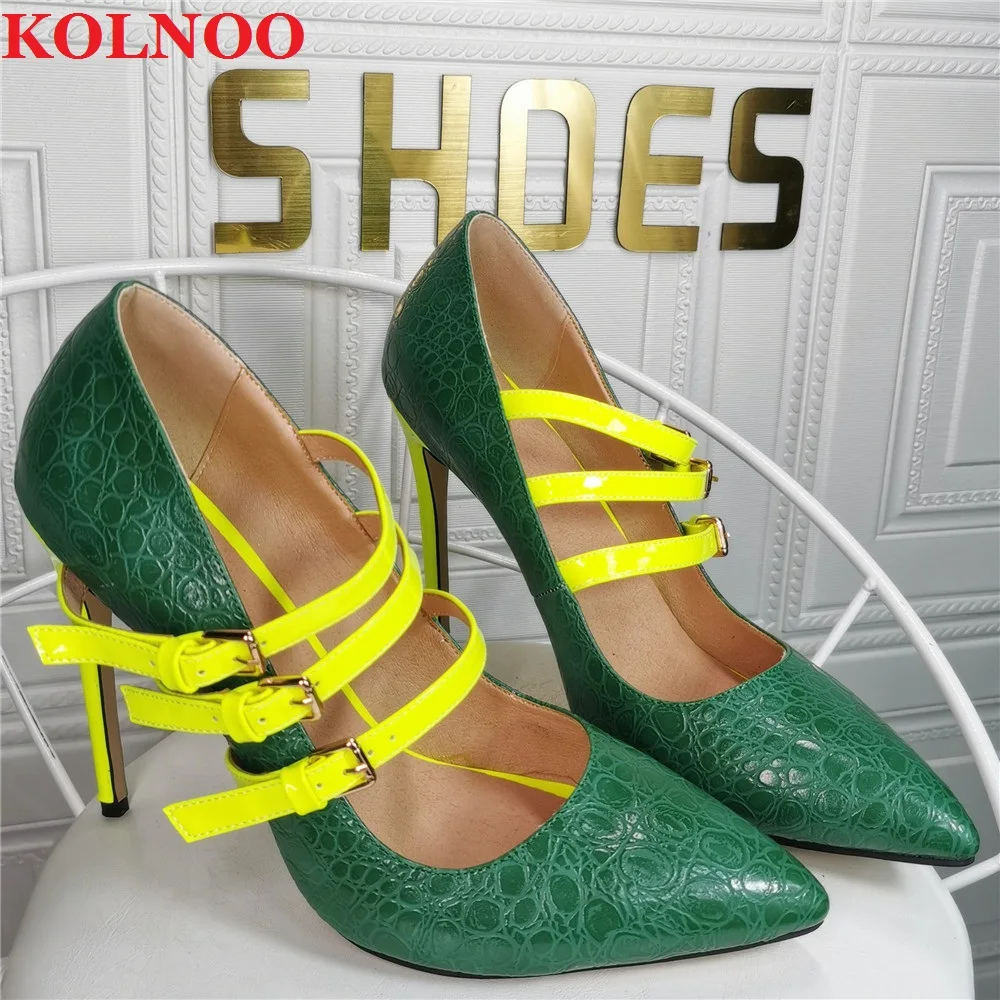 

Kolnoo Handmade New Designed Ladies Stiletto High Heels Pumps Three Buckle Straps Real Photos Pointy Office Party Fashion Shoes