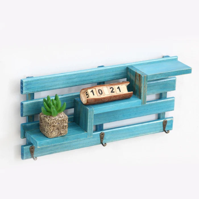Vintage Wood Wall-Mounted 3-Tiered Stair Display Shelf with Key Hooks Multifunctional Storage Shelf THIN889