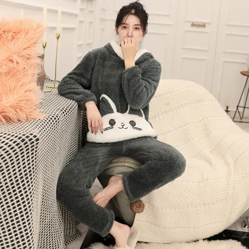 

2020 Winter Thick Warm Flannel Pajamas Sets For Women Long Sleeve Hooded Coral Velvet Pyjama Cartoon Sleepwear Homewear Clothing