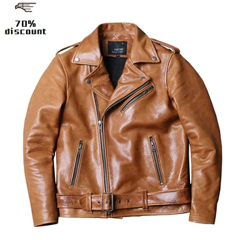 

2020 Light Brown Men Slim Fit Biker's Leather Jacket Large Size XXXXL Genuine Sheepskin Autumn American Style Leather Coat