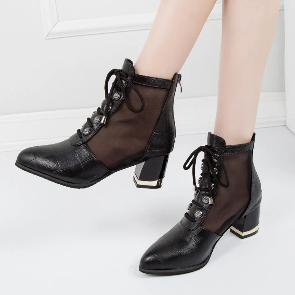 

Fashion Leather Boots Women Women'S Shoes 2019 Spring Fashion Leisure Solid Mesh Wedges Pointed Toe Plaid Mid Heel Boots Shoes