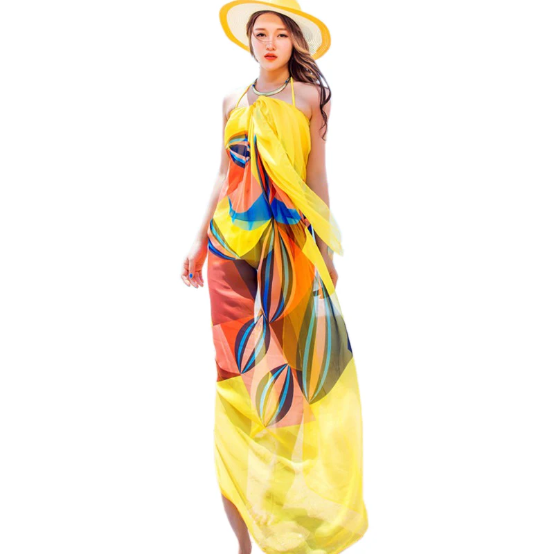 

140X190Cm Scarf Women Beach Sarongs Beach Cover Up Summer Sunscreen Chiffon Scarves Geometrical Design Plug Size Towel