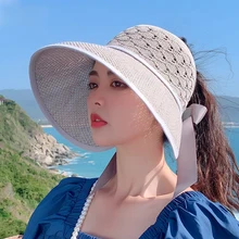 Women Summer Adjustable Wide Brim Ponytail Sun Hats Beach UV Protection Sunhat Mesh Trucker Hat Hollow Out Mesh Cap