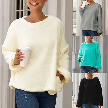 

Women Autumn Solid Color Round Neck Long Sleeve Loose Pullover Fleece Sweatshirt Winter Pullover High quality Knitted Sweater
