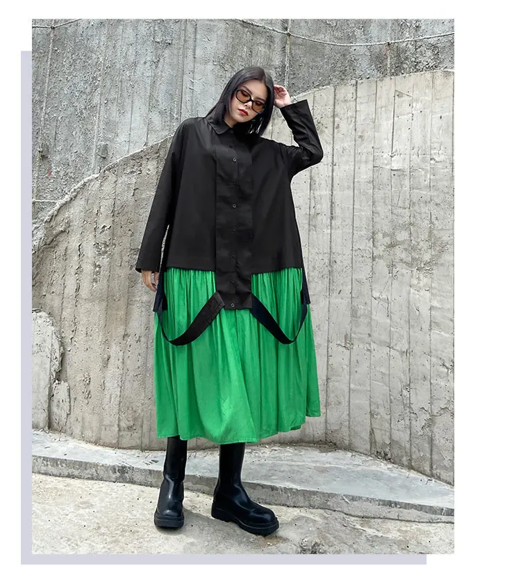 XITAO Patchwork Dress Fashion New Women Single Breast Patchwork Plated Hem 2020 Autumn Minority Casual Style Loose Dress ZP3457