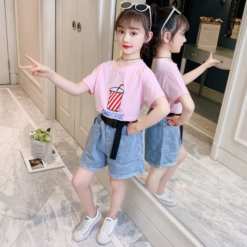 Big Girls Clothes Tshirt + Shorts With Belt Two Pieces For Teens Summer